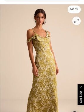 Cavani Chartreuse Floral Satin Asymmetrical Maxi Dress- Medium